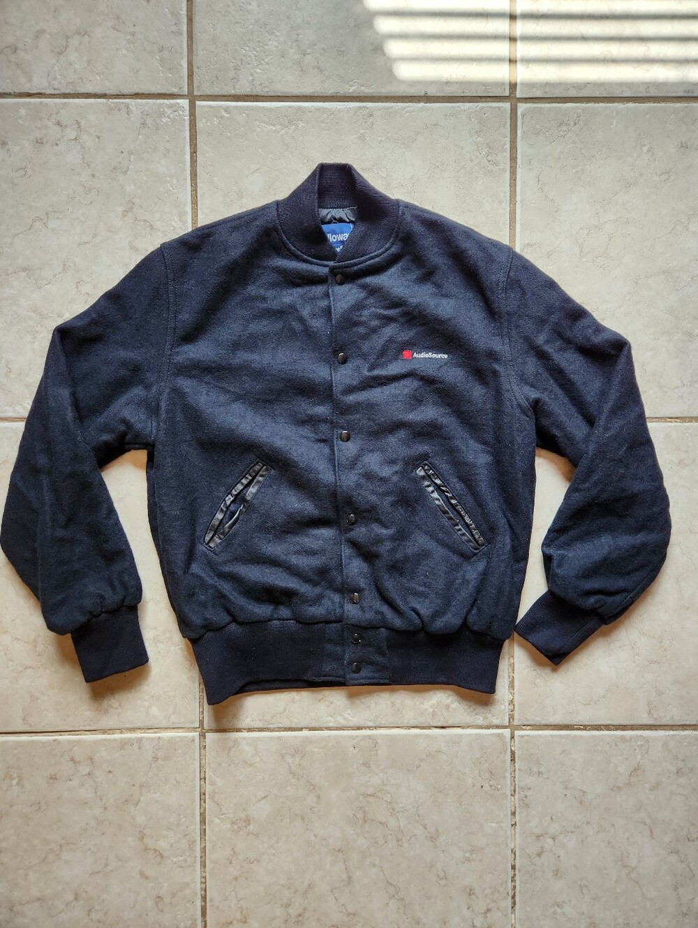 Holloway Vintage USA Made Wool Varsity Jacket L Black AudioSource Snap Bomber